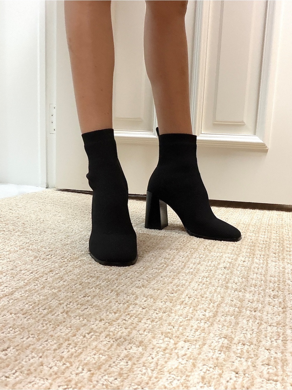 Women’s Black Stretch Knit Sock Booties with Block Heel DELTAN